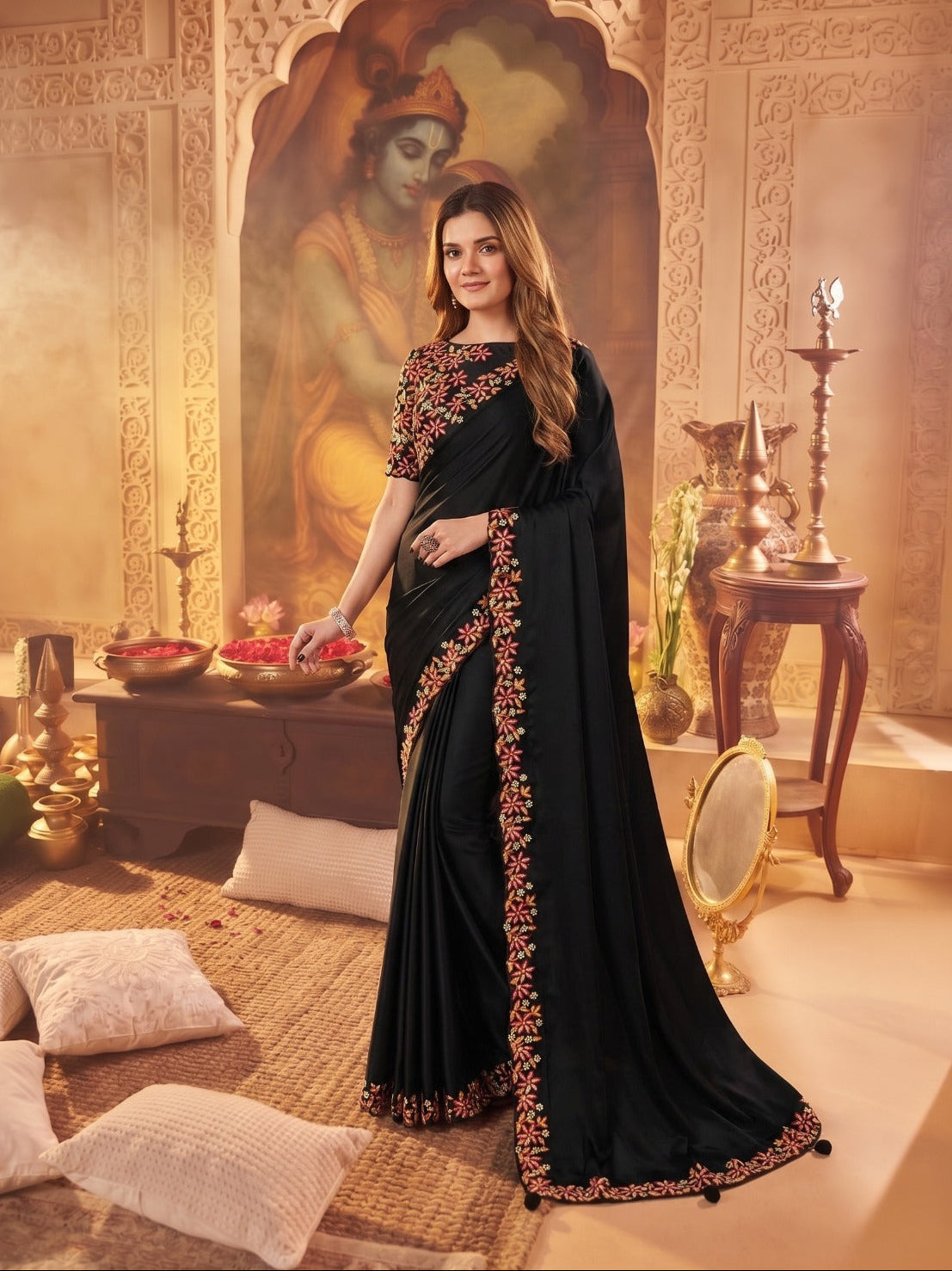 A woman models a black georgette saree with intricate gold and red floral embroidery on the border and sleeve, set against a warm, traditional Indian room backdrop with a large painting of Lord Krishna.
