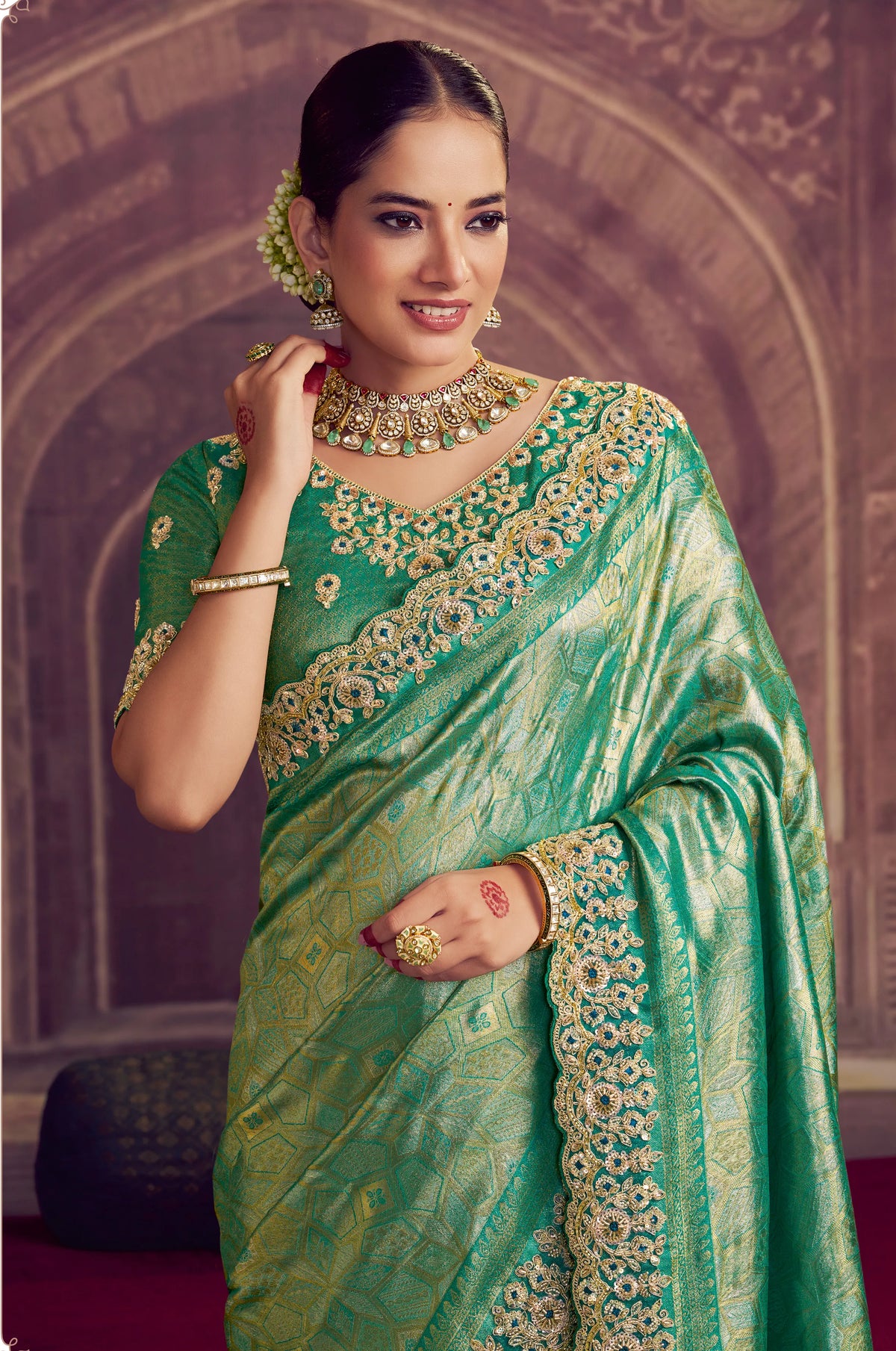 Kanjivaram Pearl Bead Embroidered Silk Saree