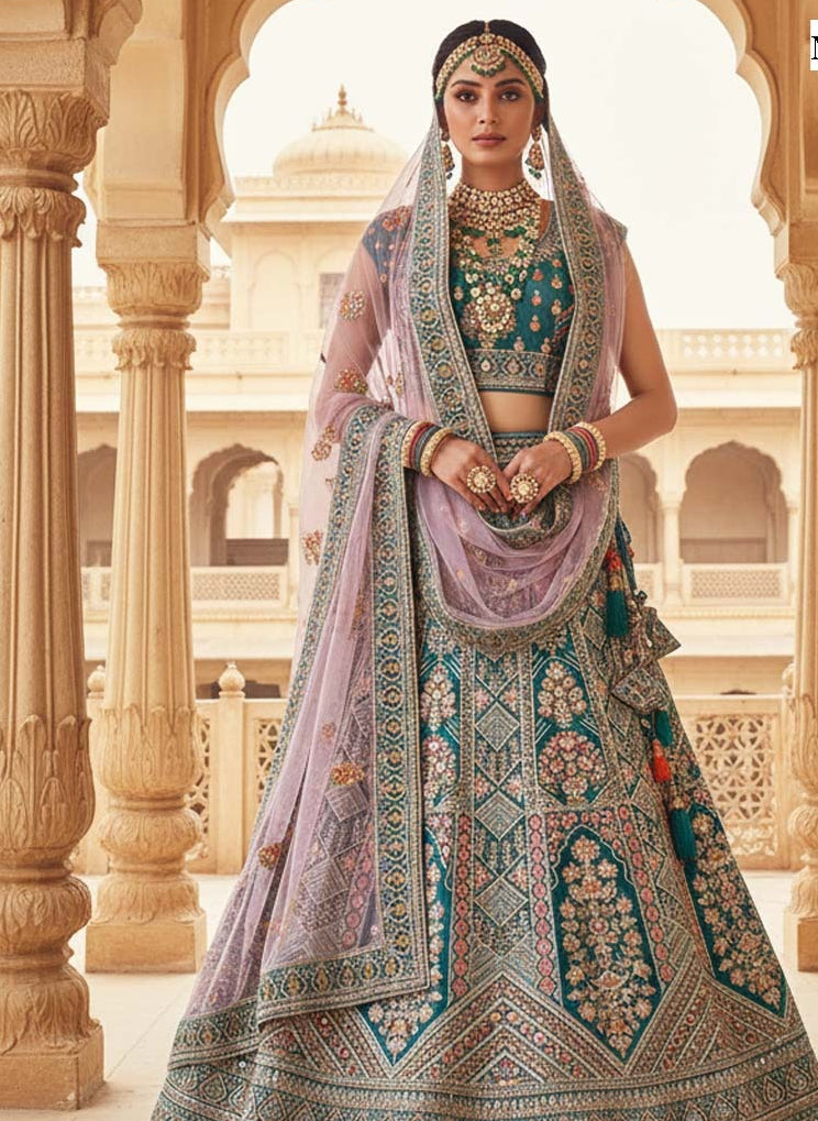 A woman stands in a stone arcade wearing an ornate traditional Indian lehenga choli outfit. The outfit is a light lavender-pink with heavy teal embroidery and gold embellishments, paired with a matching sheer dupatta.
