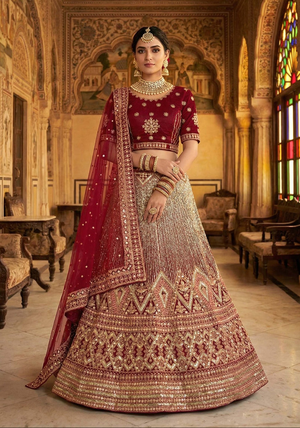 A woman models a traditional Indian lehenga choli outfit in an ornate palace corridor. The outfit features a deep red embroidered bodice and dupatta paired with a heavily embellished cream and red skirt.