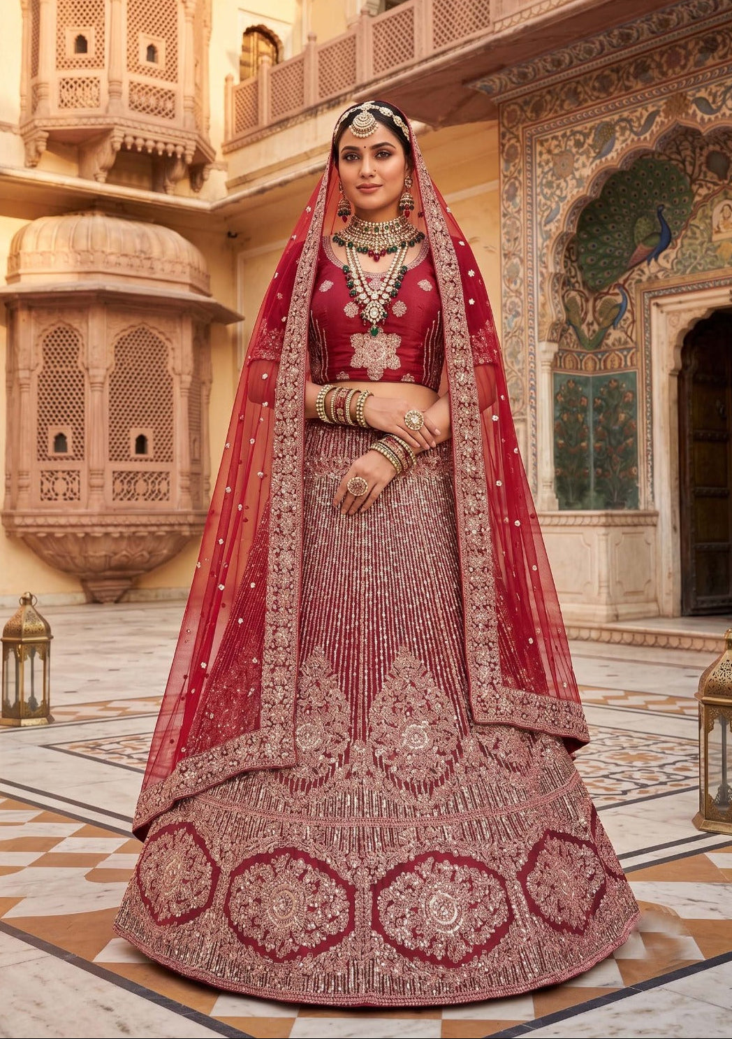 A woman stands in a courtyard wearing an ornate red and pink embroidered traditional outfit with a matching sheer dupatta. The setting features carved stone balconies and decorative arches.