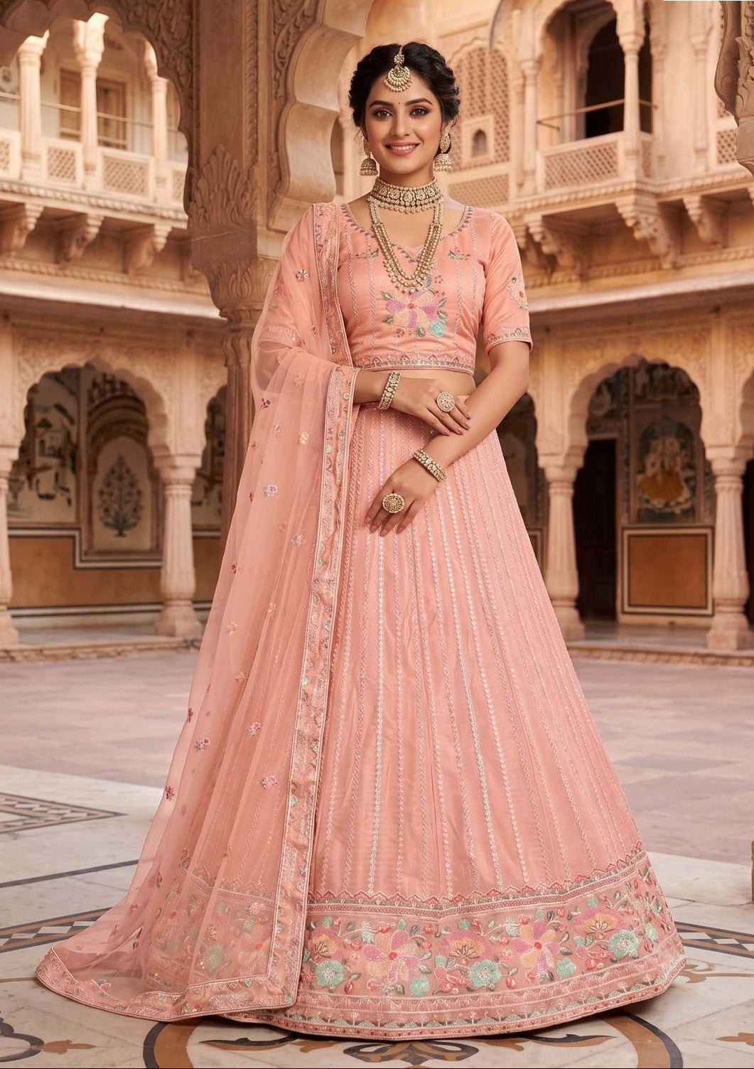 A woman models a peach-pink embroidered traditional Indian lehenga choli set with a matching dupatta in an ornate sandstone courtyard. The outfit features intricate floral embroidery and vertical mirror work.