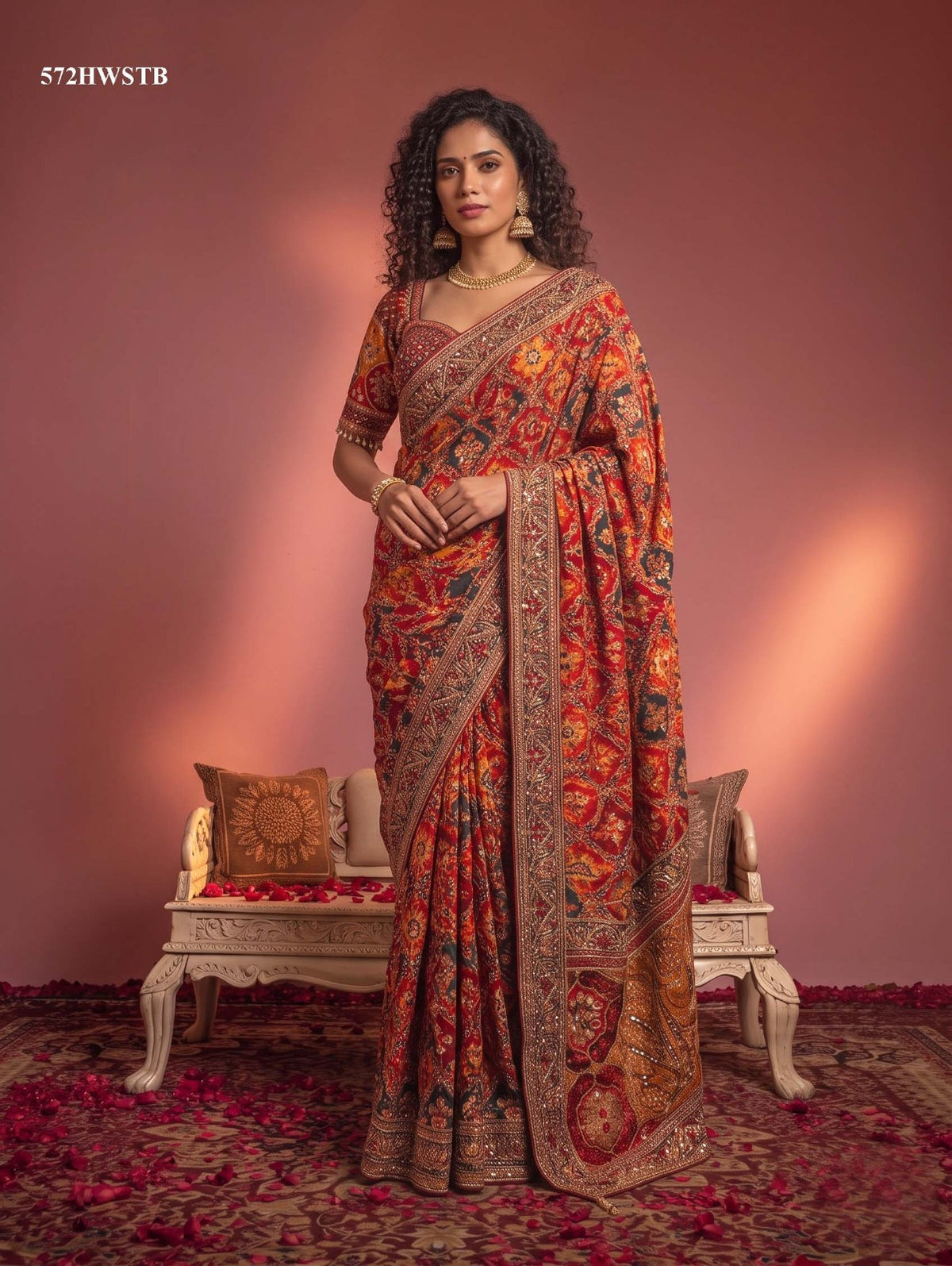 Traditional Natural Crepe Mirror & Aari Work Saree