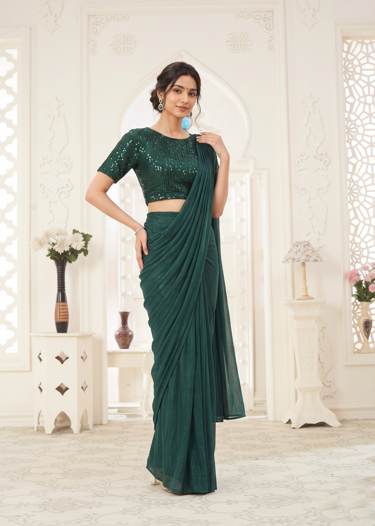 emerald-green-sequins-lycra-ready-to-wear-saree