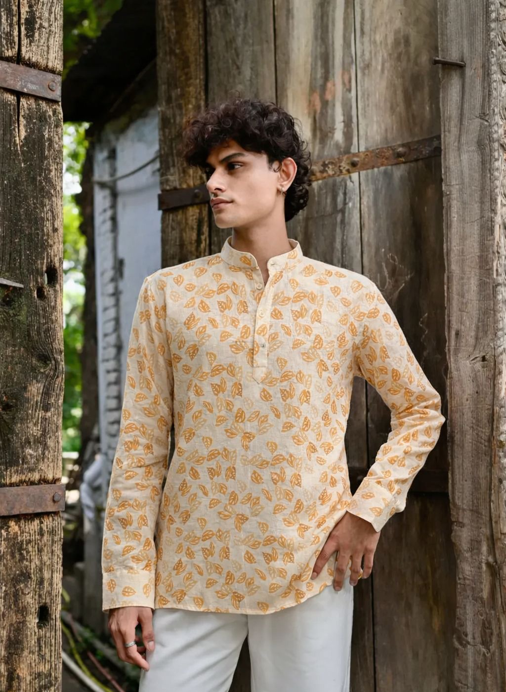white kurta  with  yellow flowers